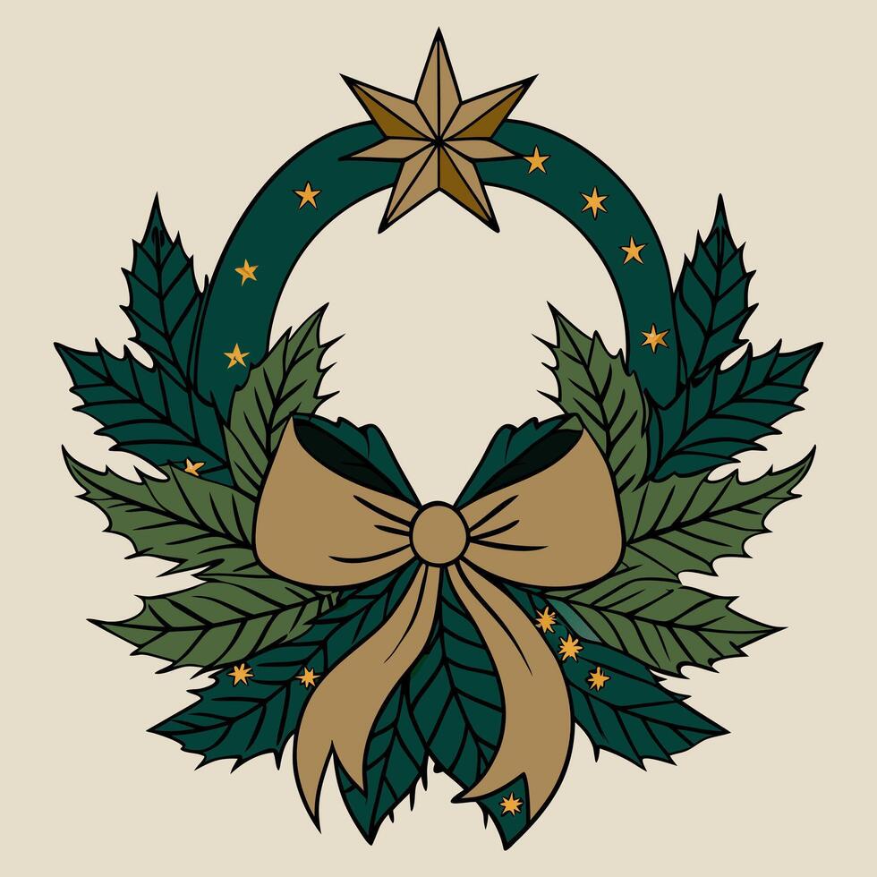 Festive holiday wreath with star and bow in vintage style illustration vector