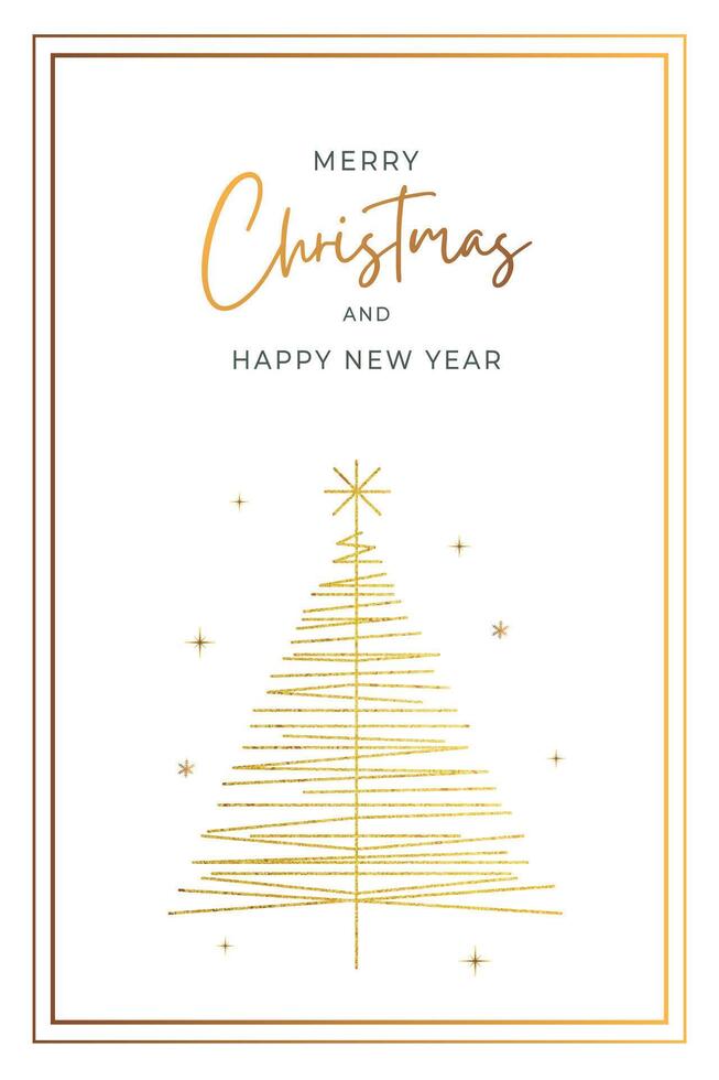Christmas card with golden christmas tree and lettering. Minimalistic xmas greeting card. vector