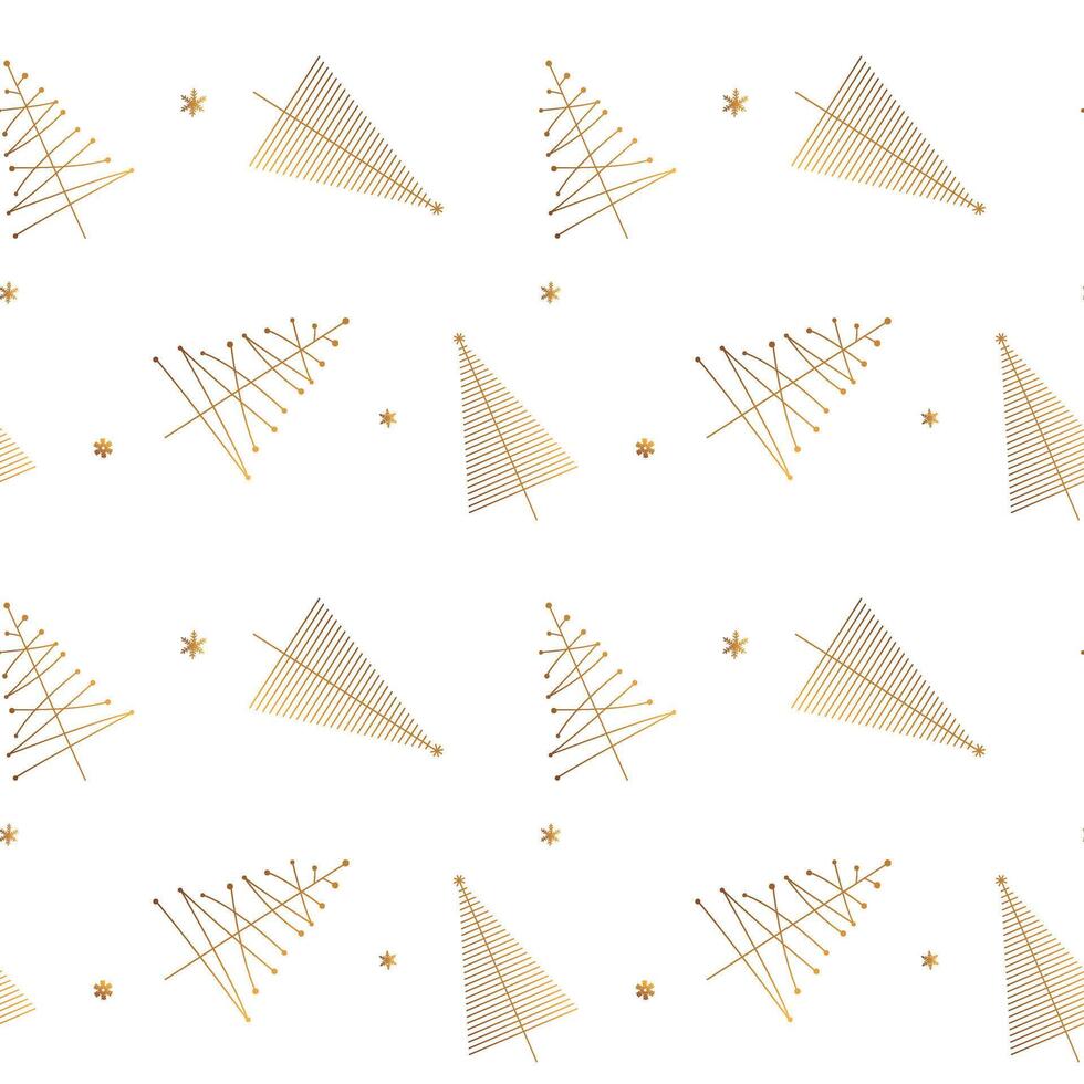 Simple minimalistic pattern with gold christmas trees and snowflakes. Christmas seamless background vector