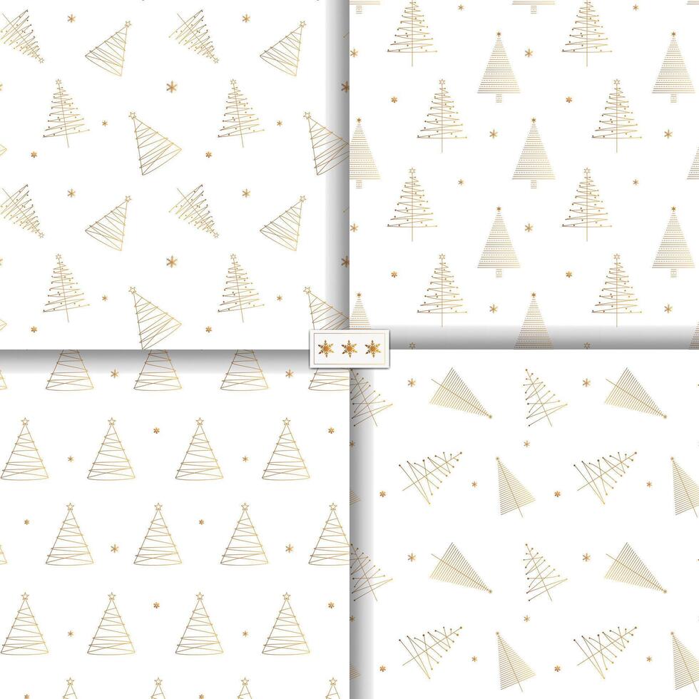 Set of golden seamless patterns with christmas tree. Simple minimalistic xmas backgrounds. New year decorations. vector