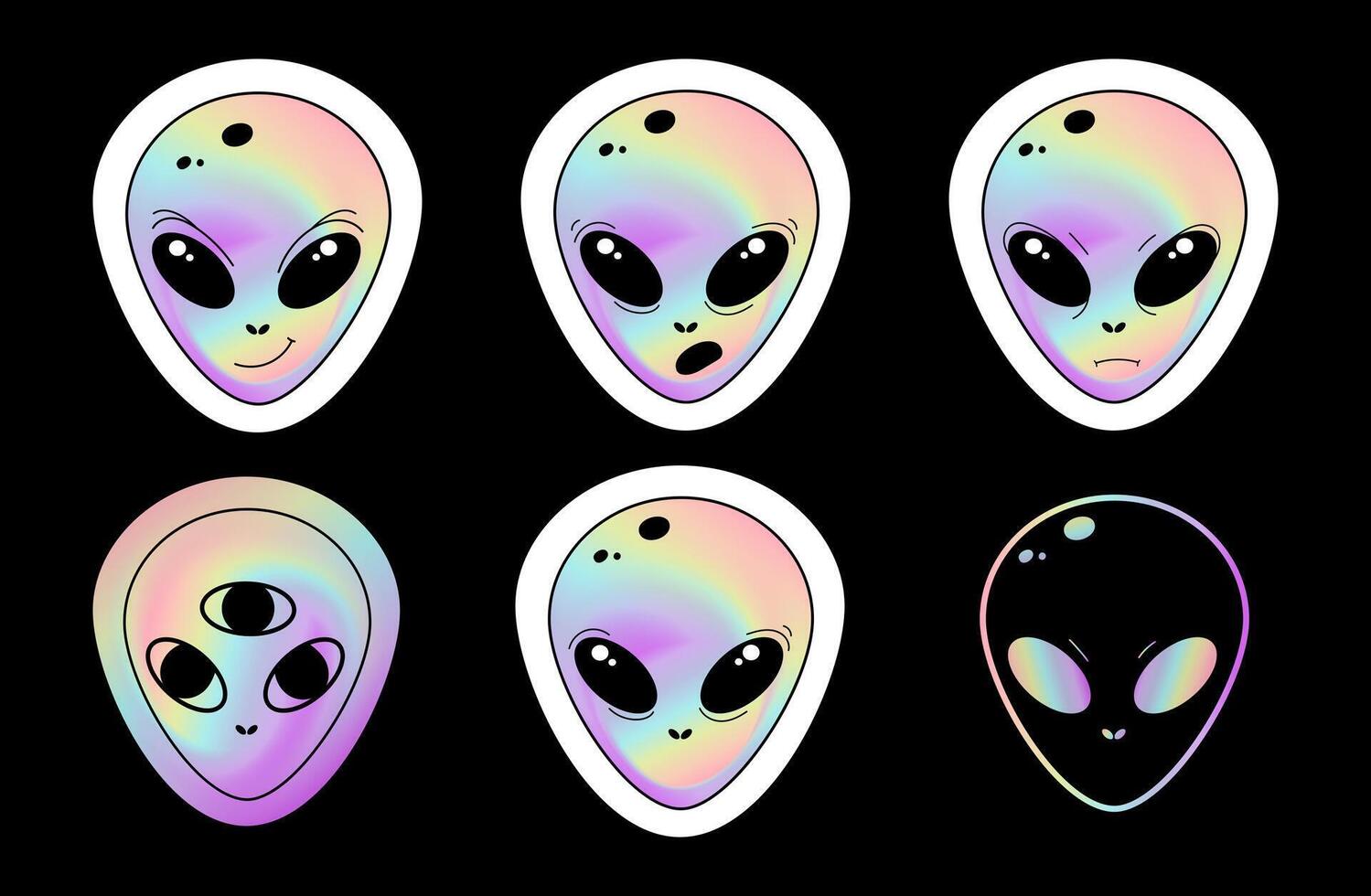 Alien Head Holographic Psychedelic Stickers Set. Ufo, Aliens faces with different emotions icons holographic stickers emblems, symbols, logos, creative trends design. illustration vector