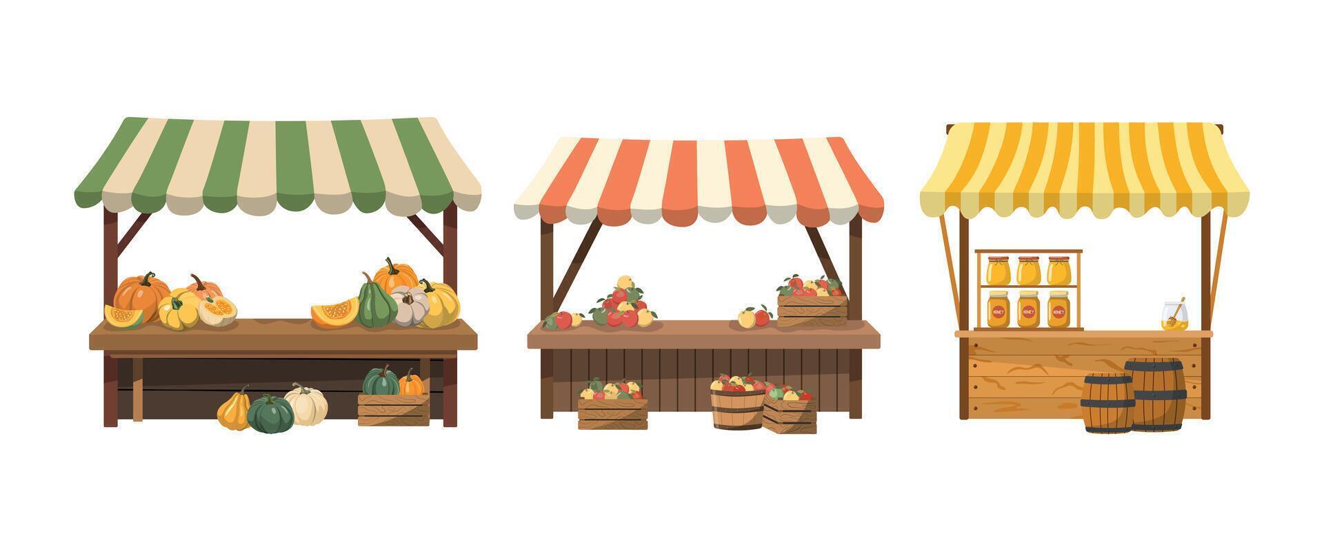 Farmers stalls set with farmers products. Flat illustration. Isolated on white background. Local food at the kiosk at the farmer's fair. vector