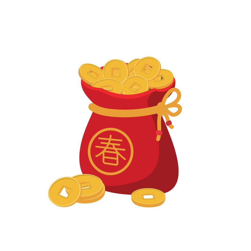 Red lucky bag with gold coins illustration. Isolated on white background. Design for Chinese New Year celebration vector