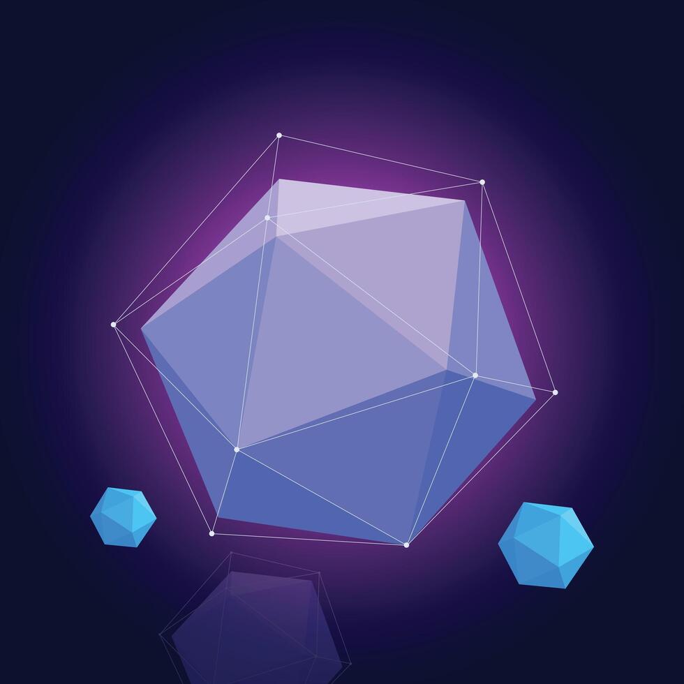 Platonic solid Icosahedron in neon vivid pastel colors with gradient background. Retrowave synthwave vaporwave style 3d illustration for poster, logo, t shirt print. vector