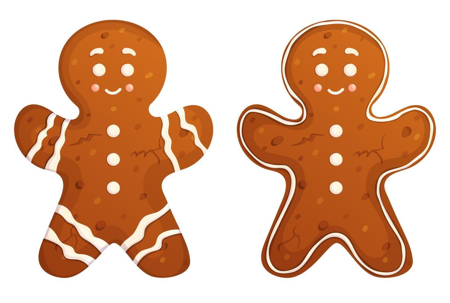 Gingerbread man isolated on white set. Christmas homemade sweet cookie with cream decoration collection. vector