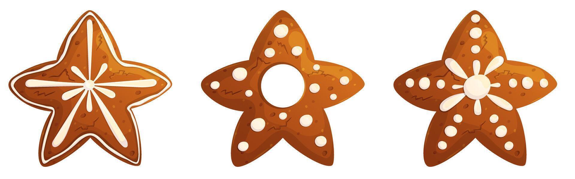 Gingerbread cookies in Christmas star shape set with different decoration on it. Happy holidays elements collection. Sweet xmas pastry. vector