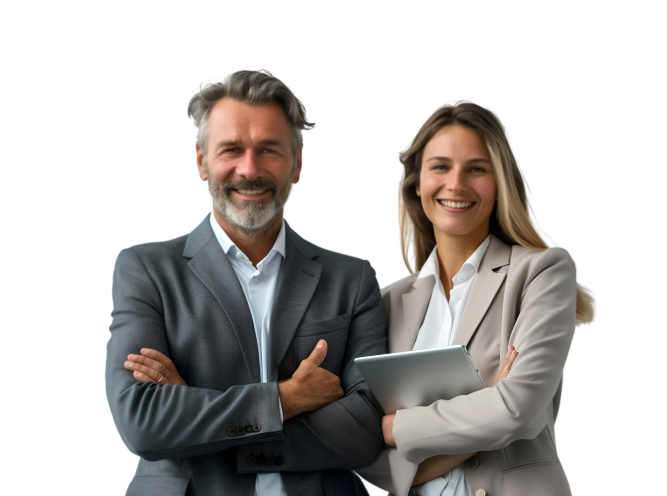 Two business people standing together with their arms crossed png