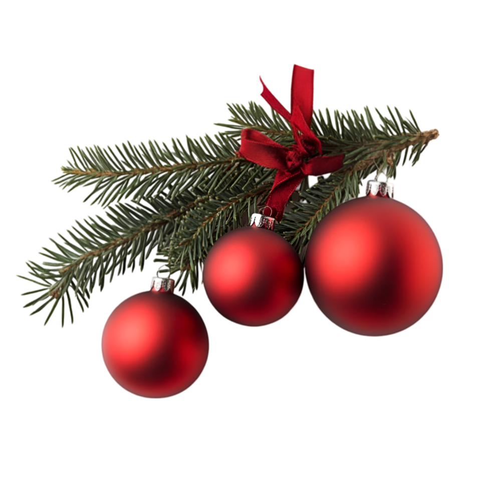 Three red christmas balls on a branch with a red ribbon png