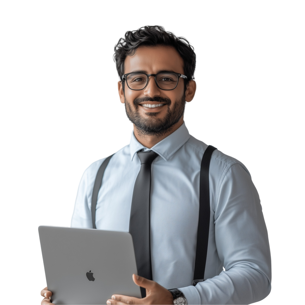 A man in glasses holding a laptop png