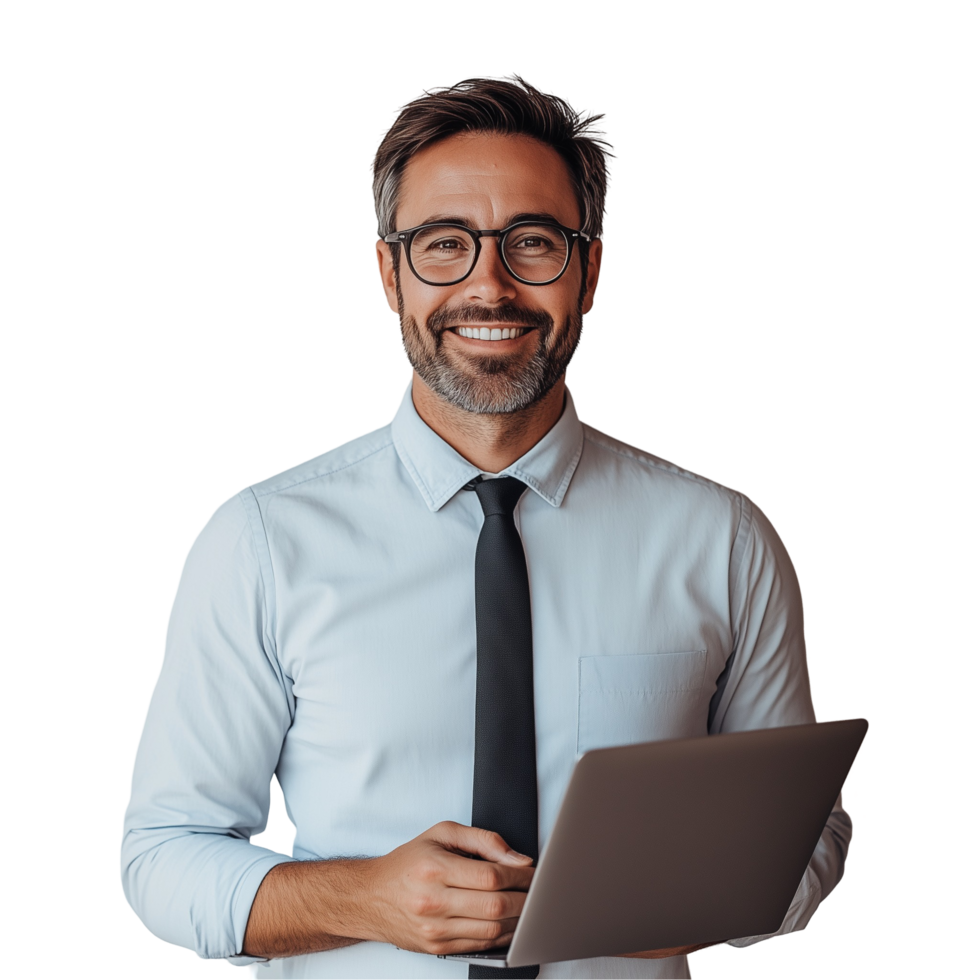 A man with glasses and a tie holding a laptop png
