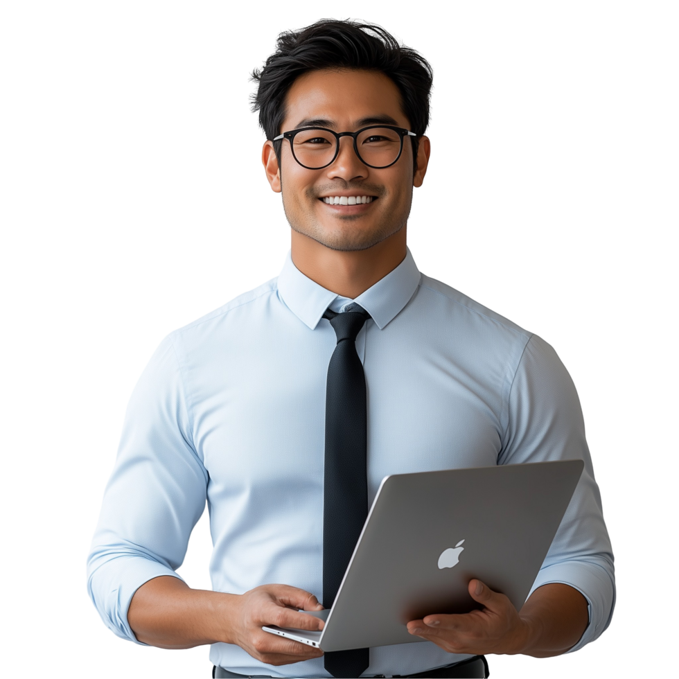 A man in glasses holding a laptop png