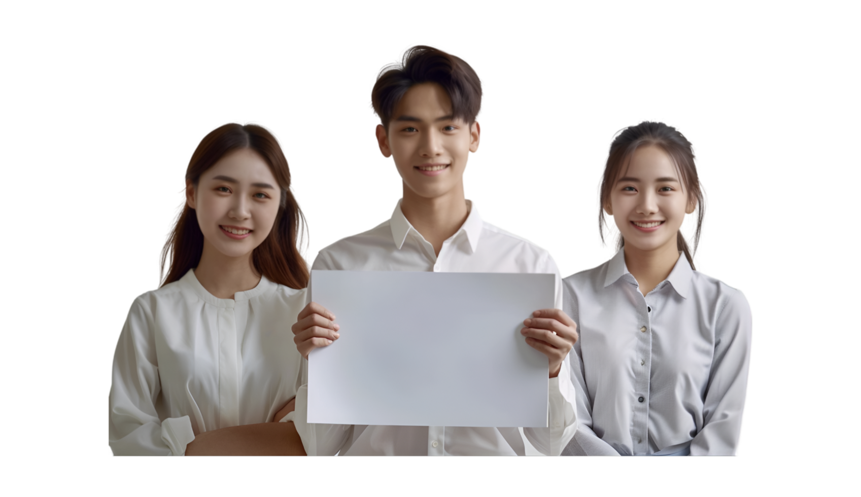 Three asian people holding a blank paper png