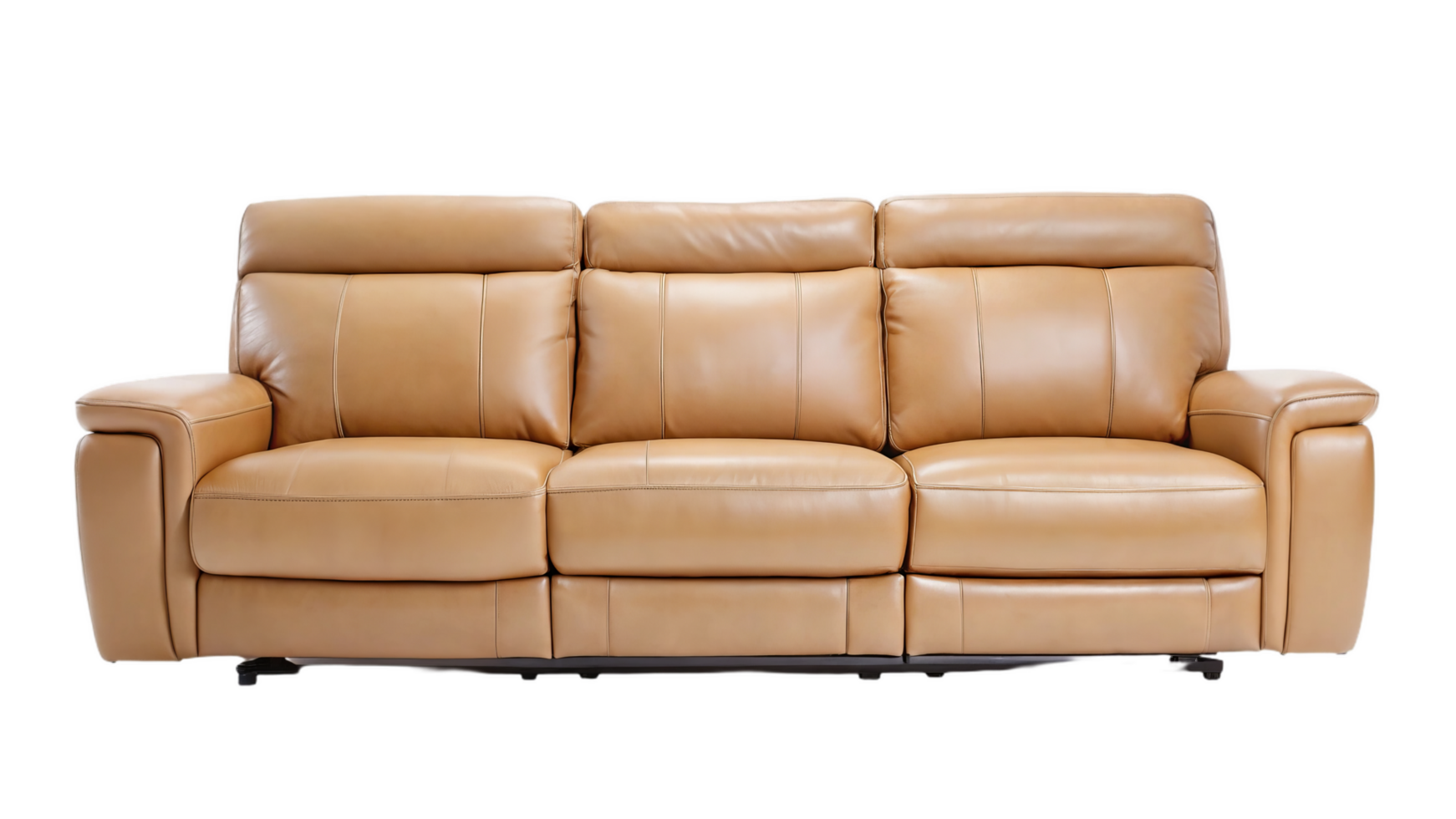Tan leather reclining sofa with plush cushions and modern design png