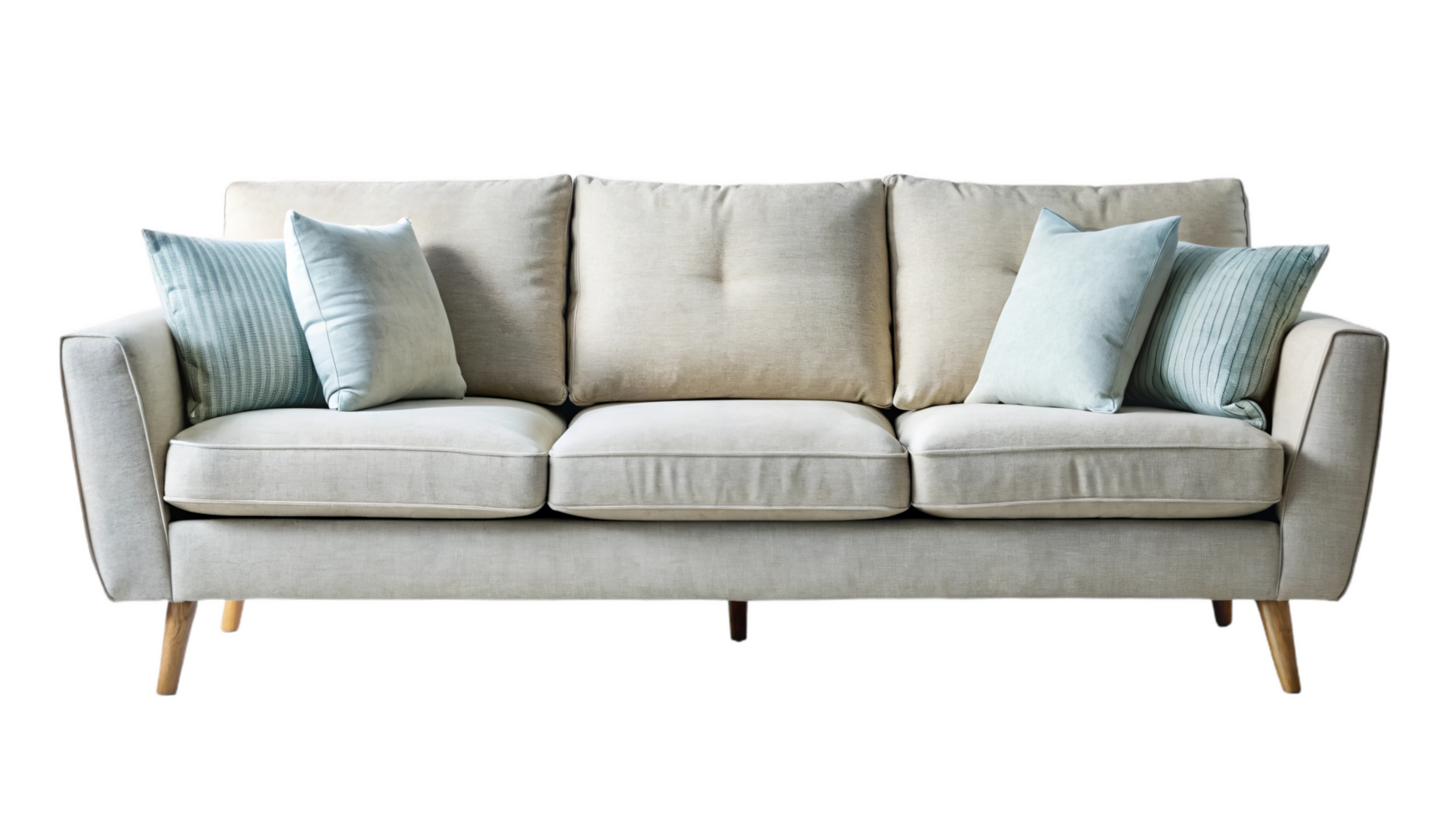 Modern Scandinavian style sofa with light beige fabric and cushions png