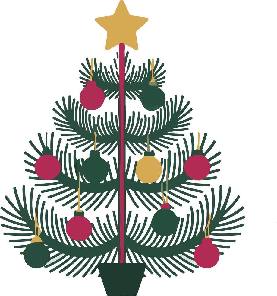 Simple Christmas tree with golden and red ornaments, for modern holiday designs, greeting cards, festive patterns. vector