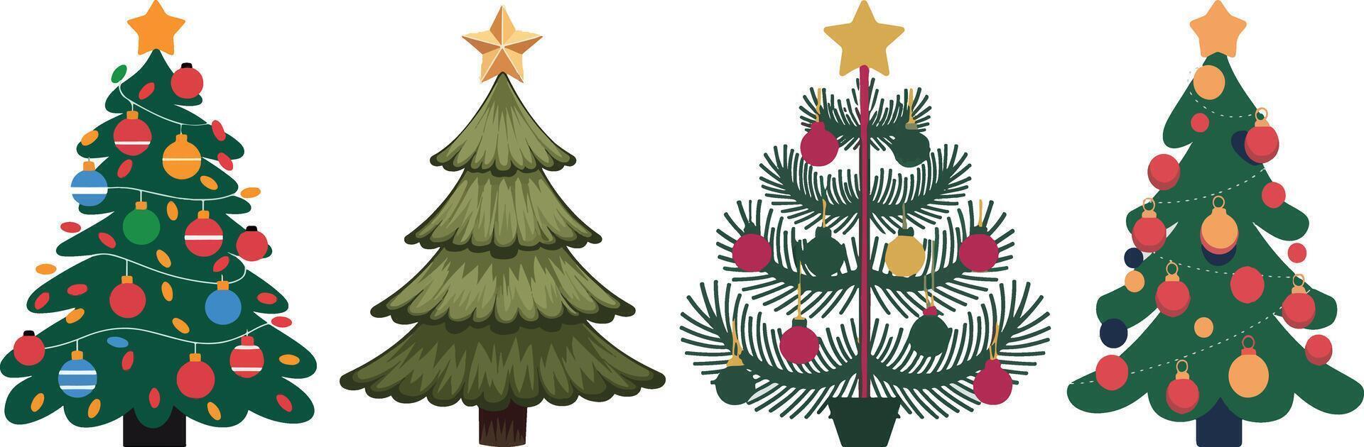 Collection of four different Christmas tree illustrations, for holiday designs, greeting cards, web icons. vector