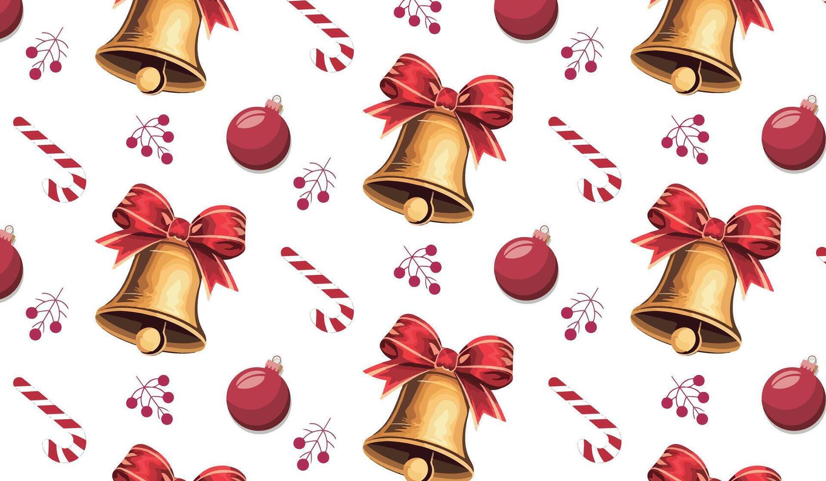 Repeating pattern with golden bells, candy canes, and ornaments, for holiday decorations or wrapping paper vector
