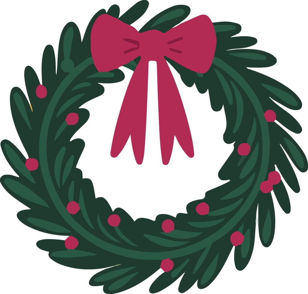 Classic Christmas wreath with a large red bow and green foliage. For web icons, festive greeting cards, holiday textiles. vector