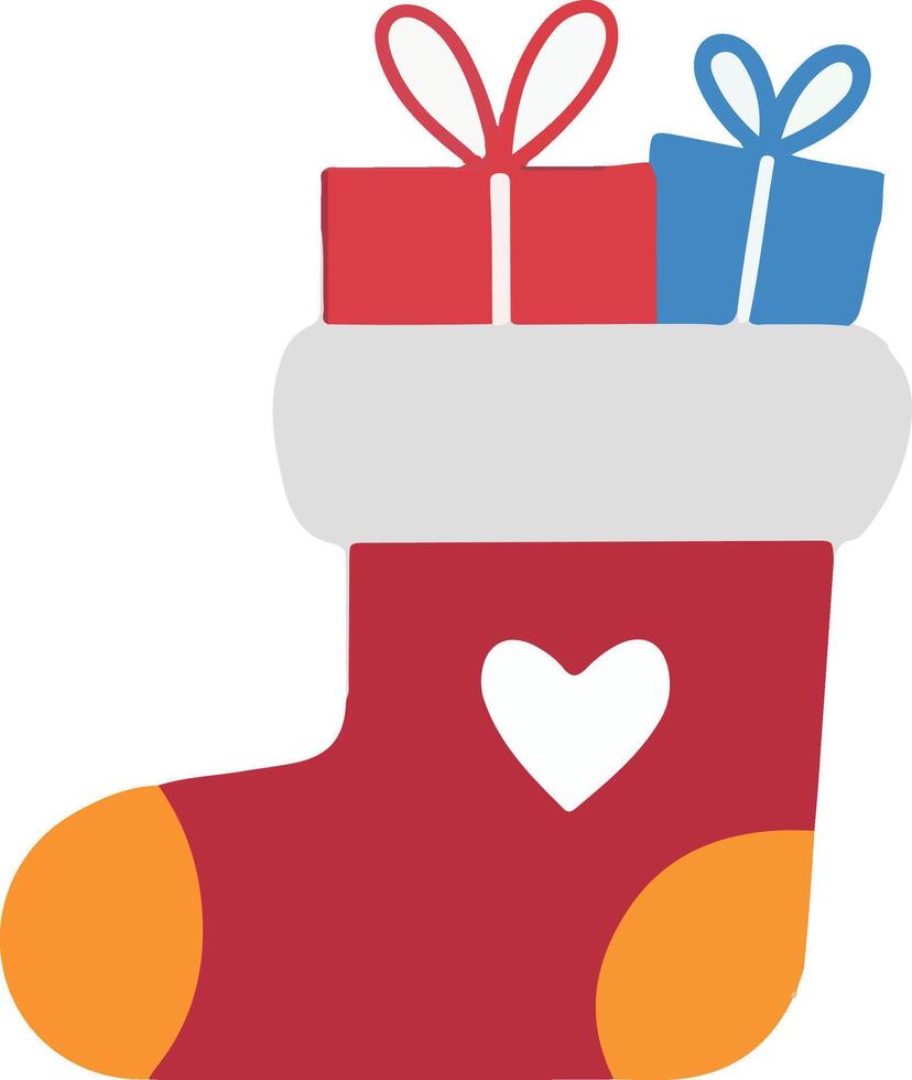 Red Christmas stocking filled with gifts, featuring a heart symbol and vibrant colors. For web icons, holiday cards, seasonal decor vector