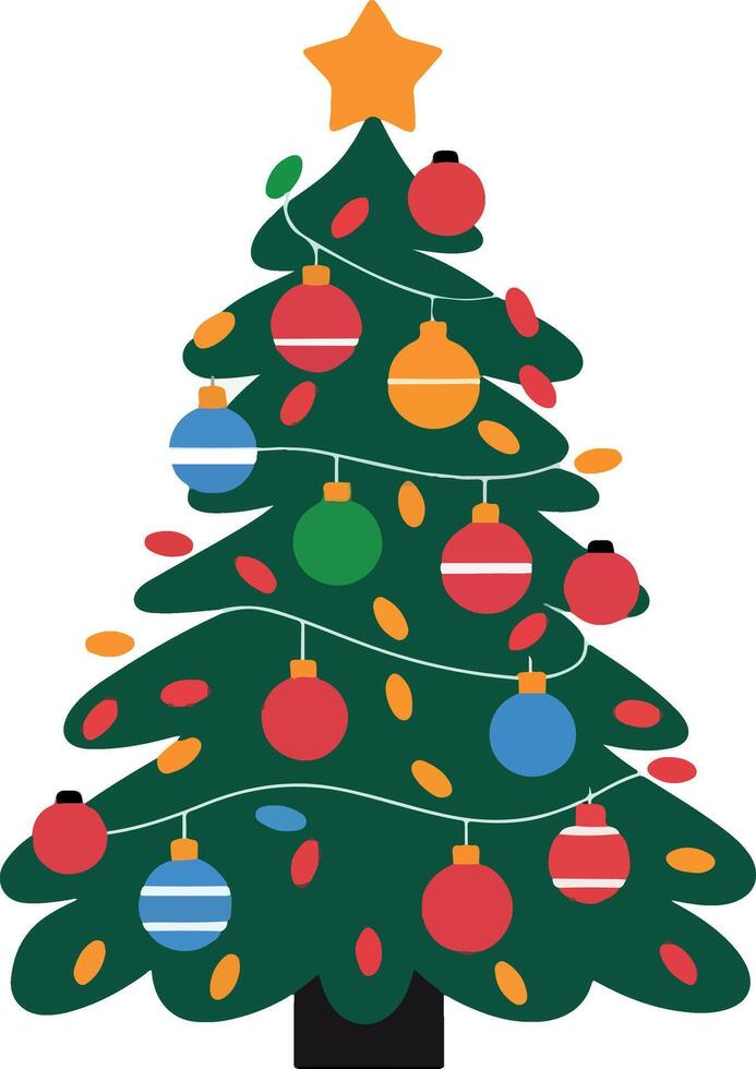 Traditional Christmas tree with bright ornaments and a star on top. For holiday cards, web icons, festive patterns vector