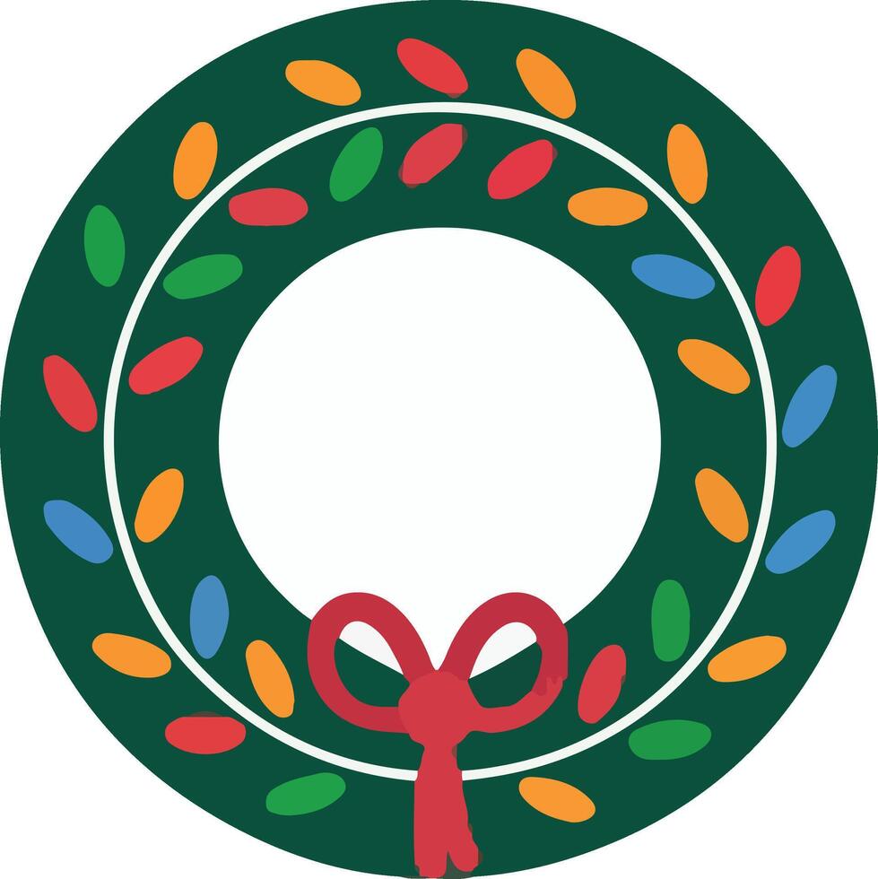Colorful Christmas wreath with multicolored lights and a red bow. For holiday-themed designs, web icons, textile patterns. vector
