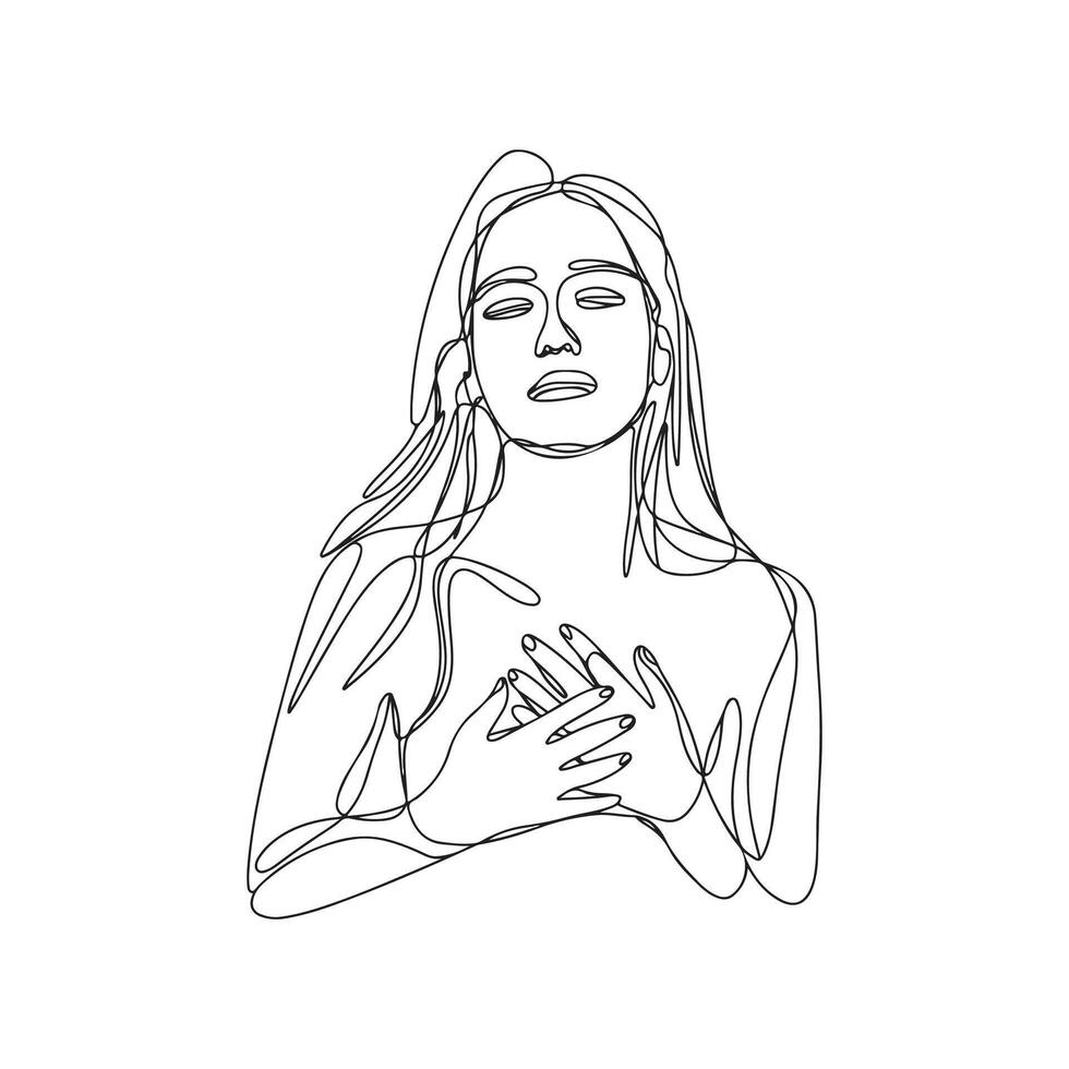 Continuous line drawing of a woman with her hands on her chest vector