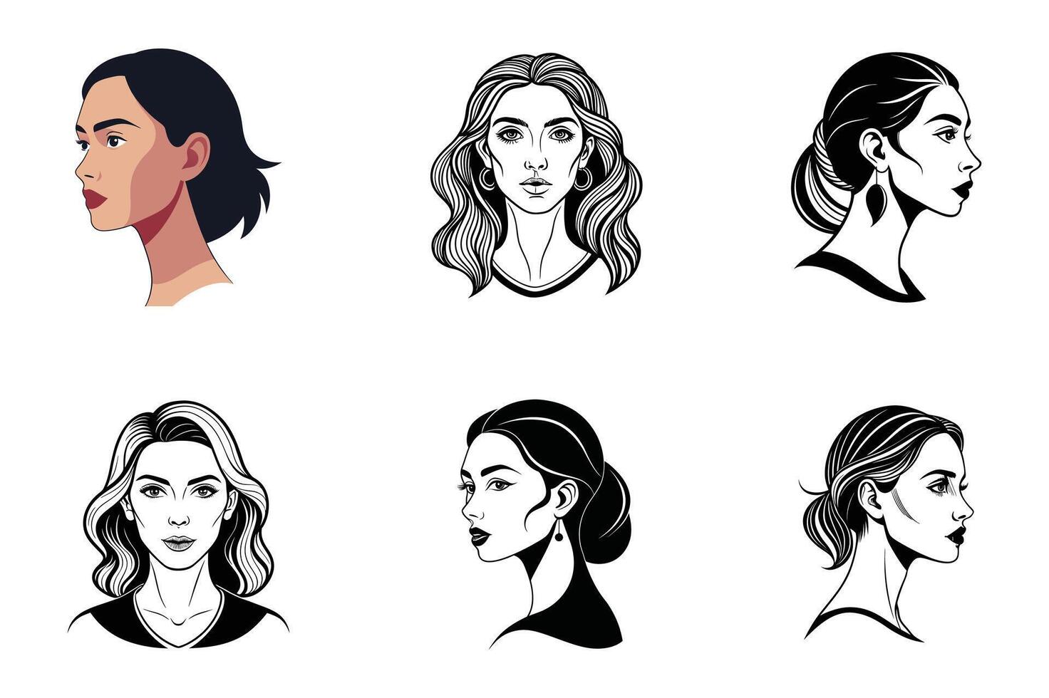 A woman's face in various poses, including a woman with a ponytail vector