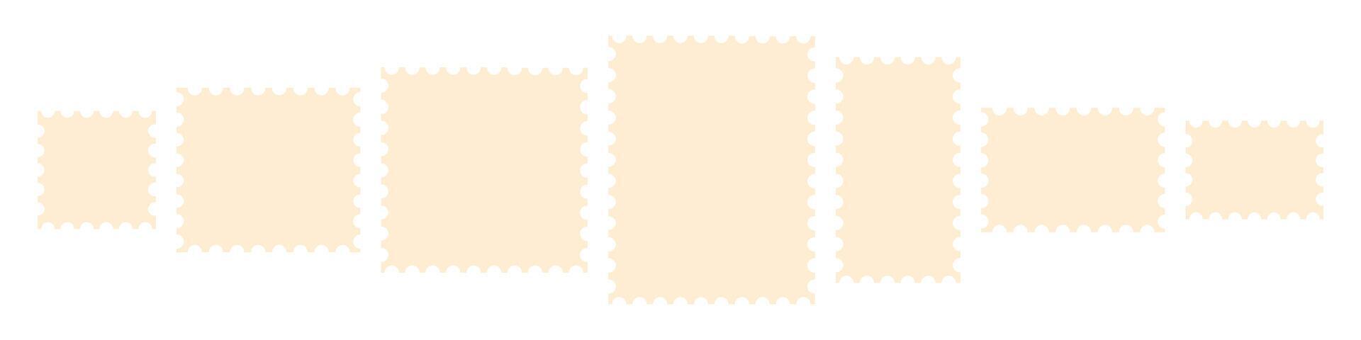 Postage stamp sticker templates set illustration isolated on transparent background. Vintage ecru beige paper clippings, blank rectangular perforated frames vector