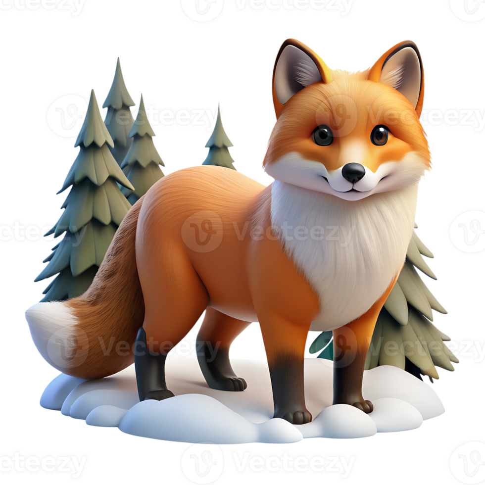 Cute red fox animal amidst snowy forest 3d illustration isolated on the transparent background png