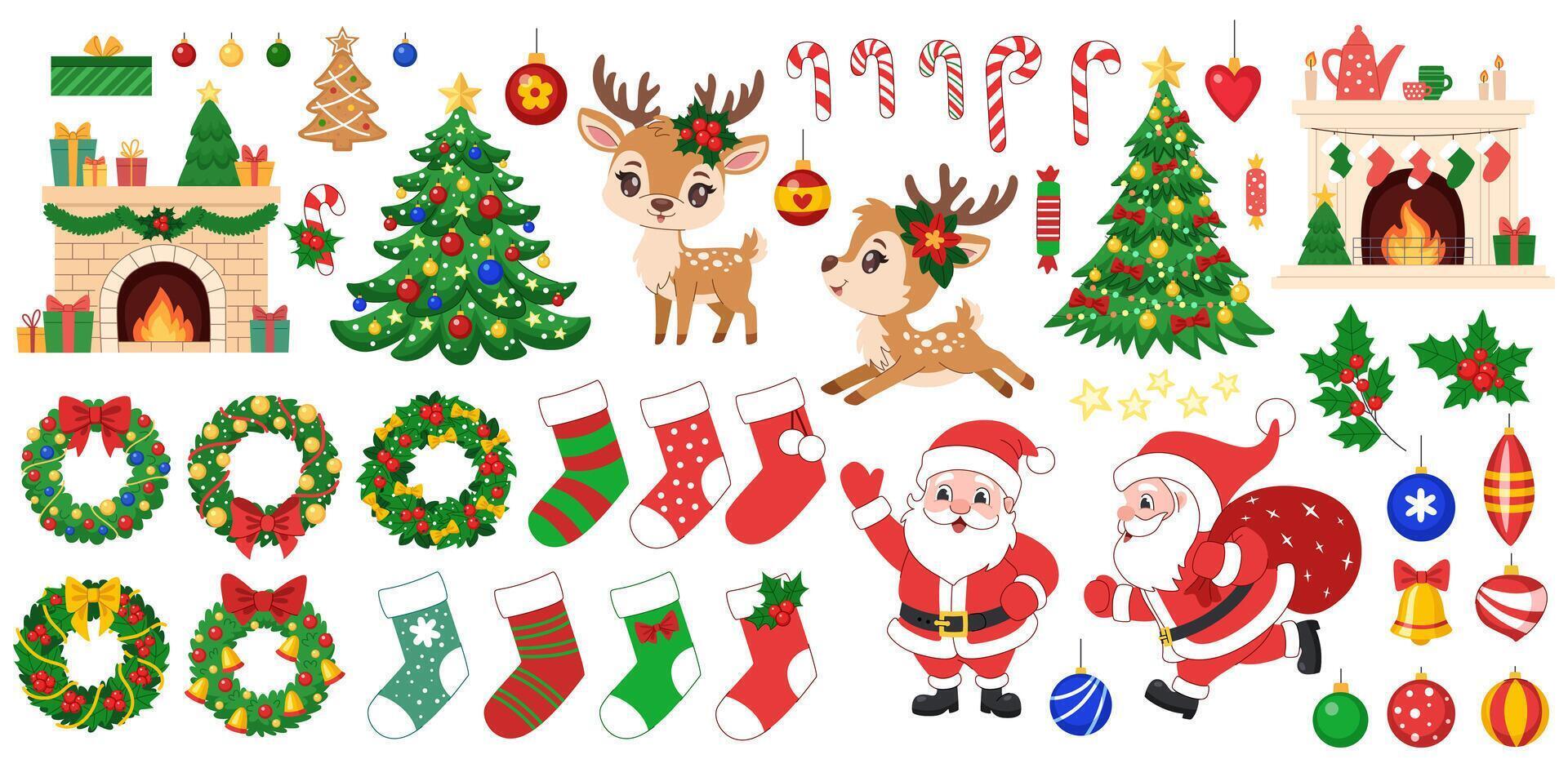 Big Christmas set. Christmas elements and characters. Christmas tree, candy canes, wreaths and socks, Santa Claus and reindeer, holly branches and Christmas tree decorations vector