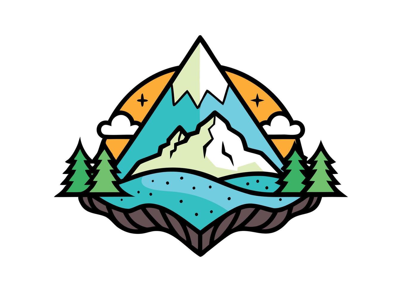 Stylized Mountain and River Landscape Illustration with Pine Trees vector
