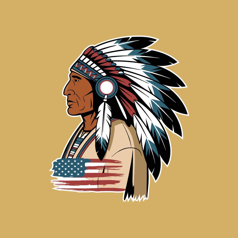 Native American Chief, Indian tribal Warrior Leader Side Face, American Flag Retro Vintage Art. vector