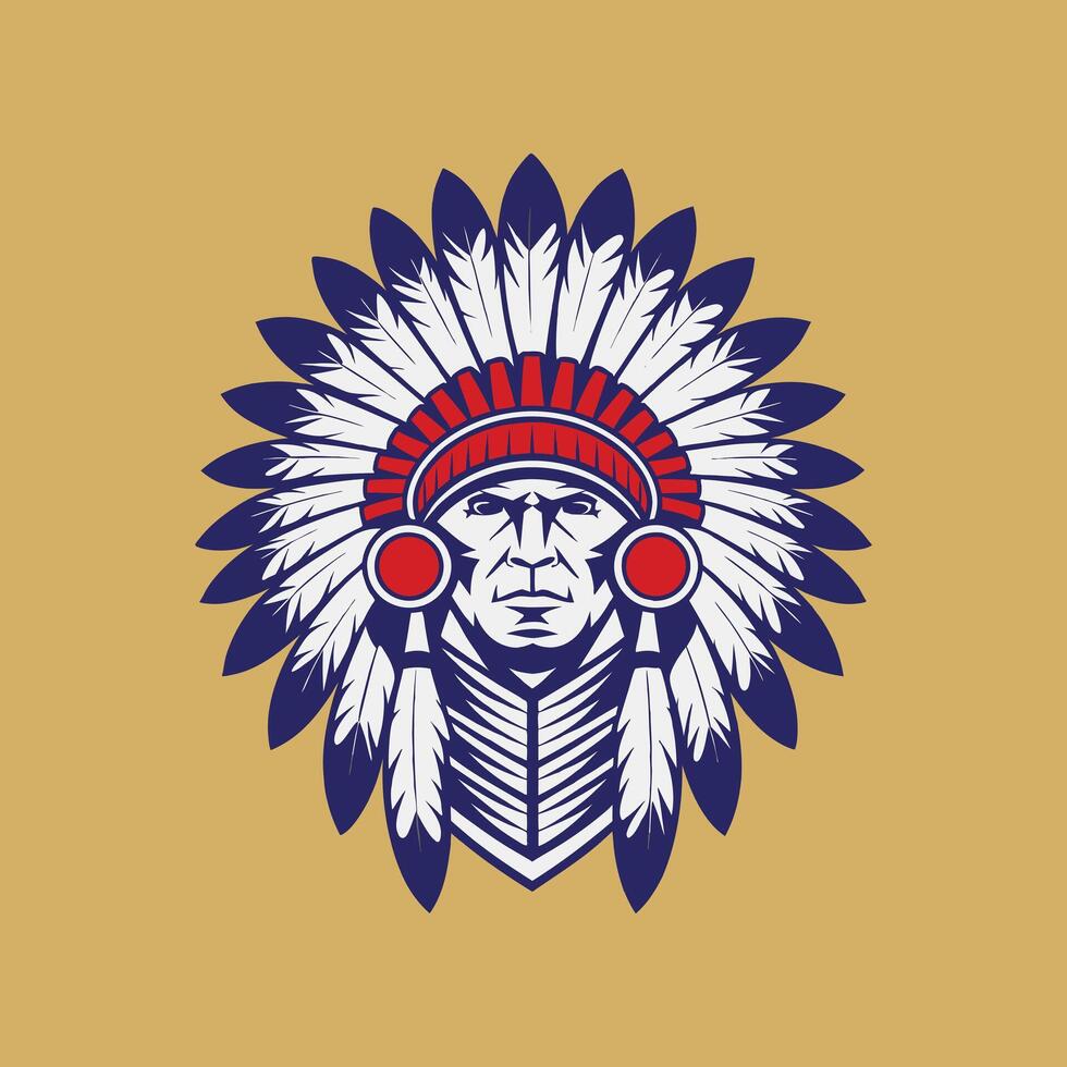 Native American Chief, Indian tribal Warrior Leader Side Face, Retro Art. vector