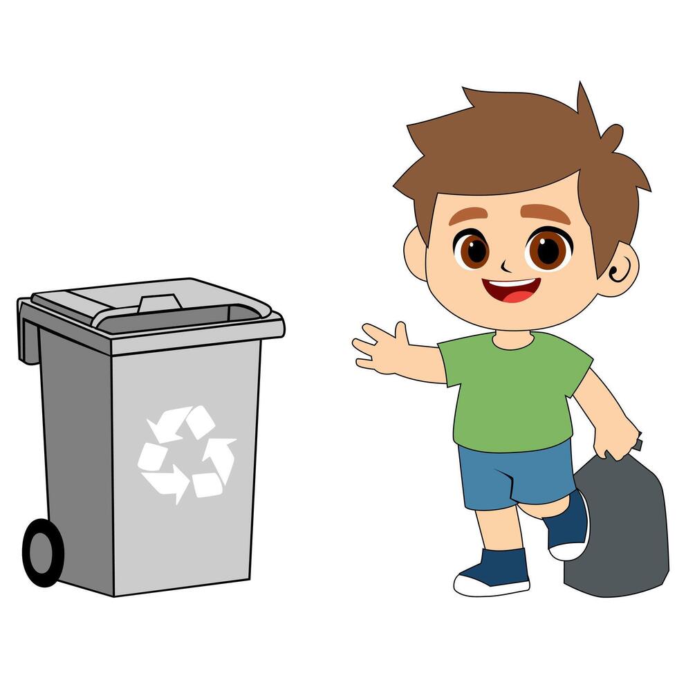 Cartoon Kid Throwing Trash Into Rubbish Bin Illustration Vectors