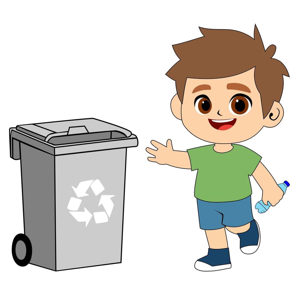 Cartoon Kid Throwing Trash Into Rubbish Bin Illustration vector