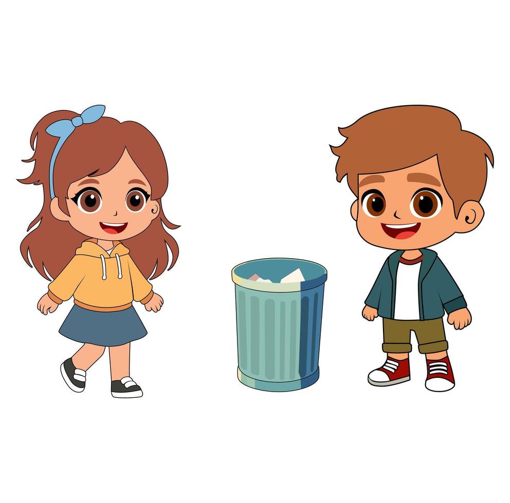 Cartoon Boy And Girl Kids Throwing Trash Into Rubbish Bin Vectors