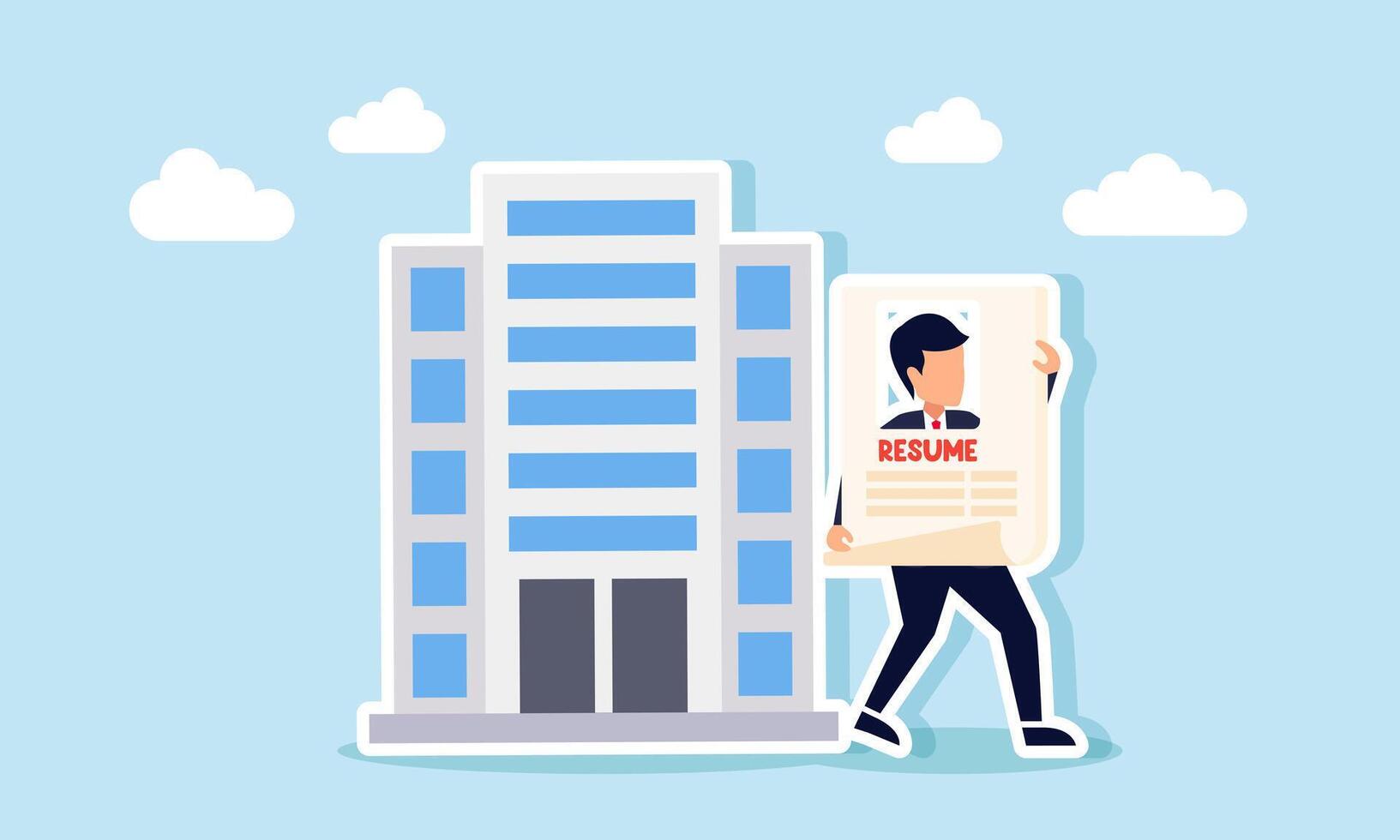 A businessman stands next to an office building holding a resume paper, illustrating an attractive business portfolio vector