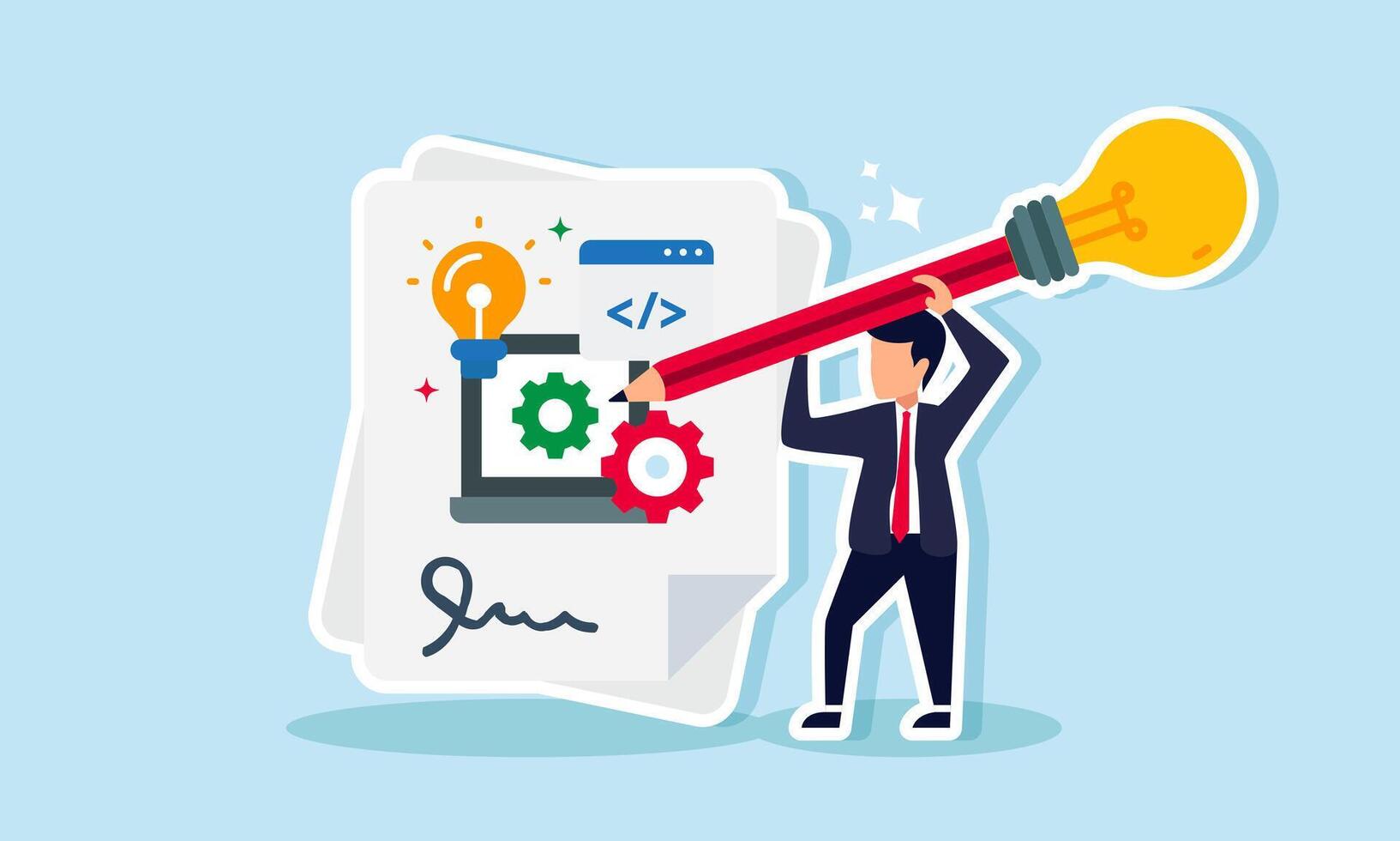 A businessman is writing on a paper about programming with a variety of lighted pencils, illustration of designing innovative and user-friendly application programs vector