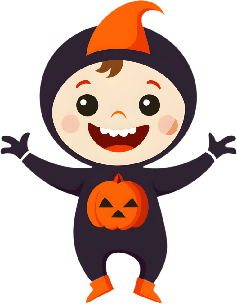 Adorable cartoon girl dressed for spooky Halloween fun. . png