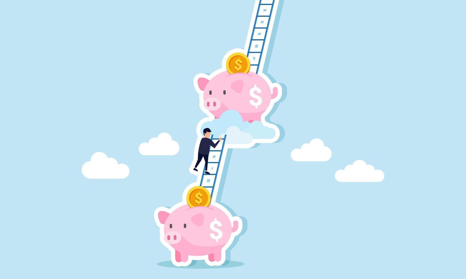 A businessman climbing a ladder connected to a piggy bank, illustration of step-by-step investing or applying a dollar cost averaging investment strategy vector