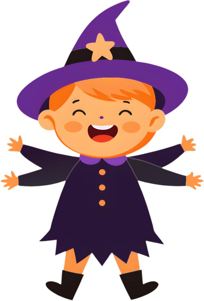 Funny expressions cartoon girl in Halloween witch outfit. . png