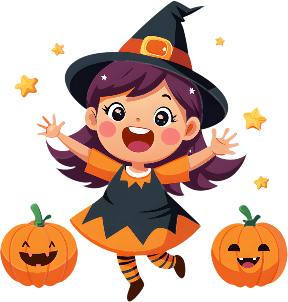 Cartoon girl in witch outfit, adorable Halloween expressions. . png