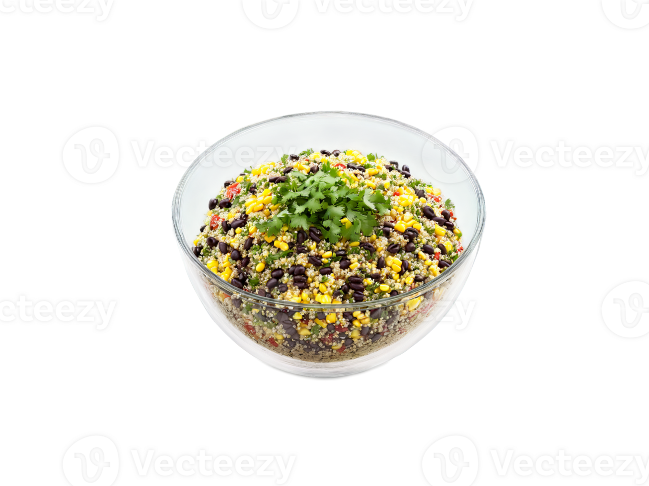 Salad quinoa and black bean with corn and cilantro served in a transparent glass bowl png