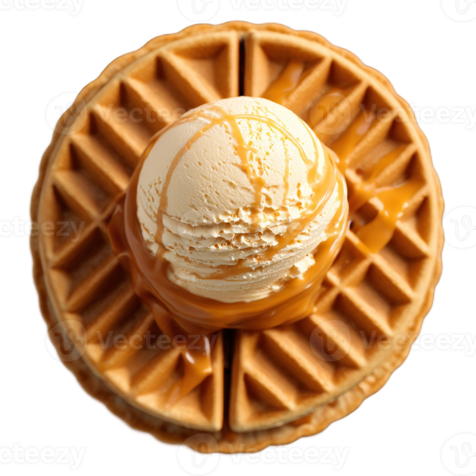Salted caramel ice cream rich caramel color ribbons of caramel throughout in a waffle cone png