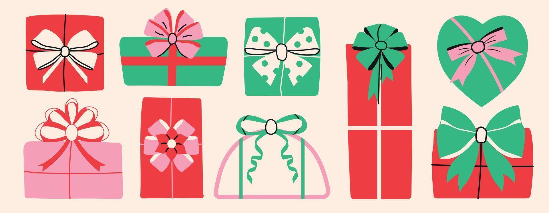 New year present set. Set of gift boxes different shapes and sizes. Boxes with ribbon Set in Trendy Flat style. Gift wrapping simple elements on beige background. vector