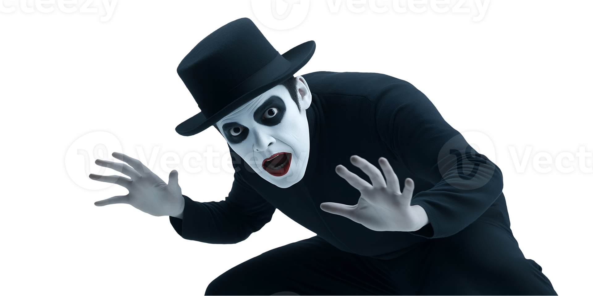 mime artist performing dramatic gesture as if trapped in an invisible box wearing black outfit and hat on isolated background png