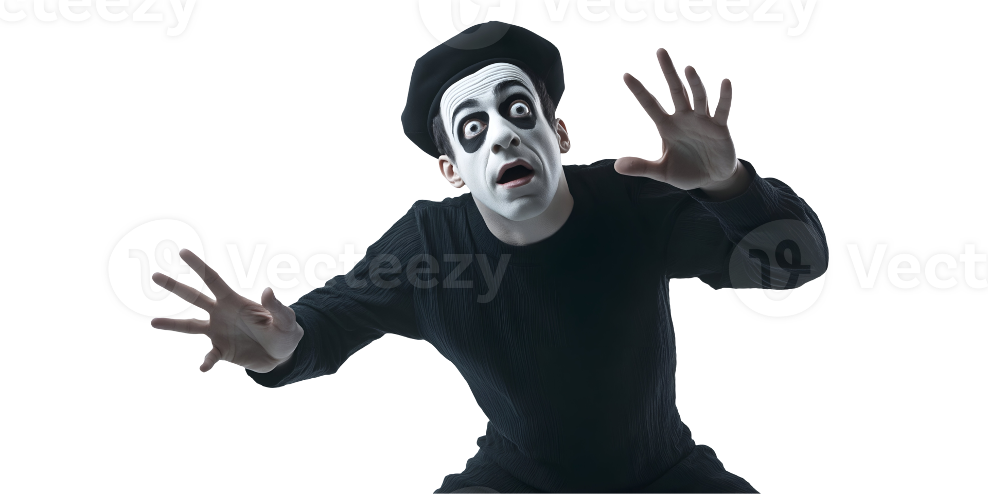 mime artist pretending to be stuck in an invisible box on isolated background for performance and theatrical art concept png