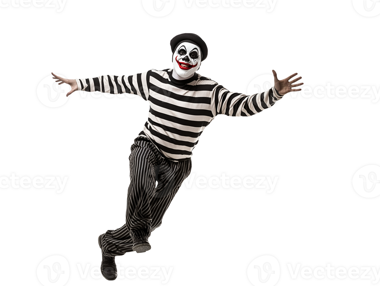 mime performing a funny routine walking against the wind in black and white striped costume on isolated background png