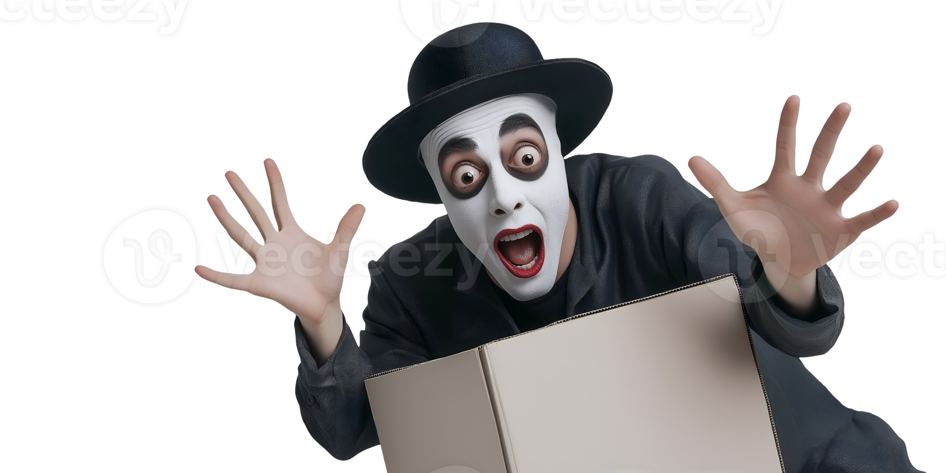 mime artist performing dramatic expression with hands raised as if trapped in an invisible box wearing a black hat and coat on isolated background png
