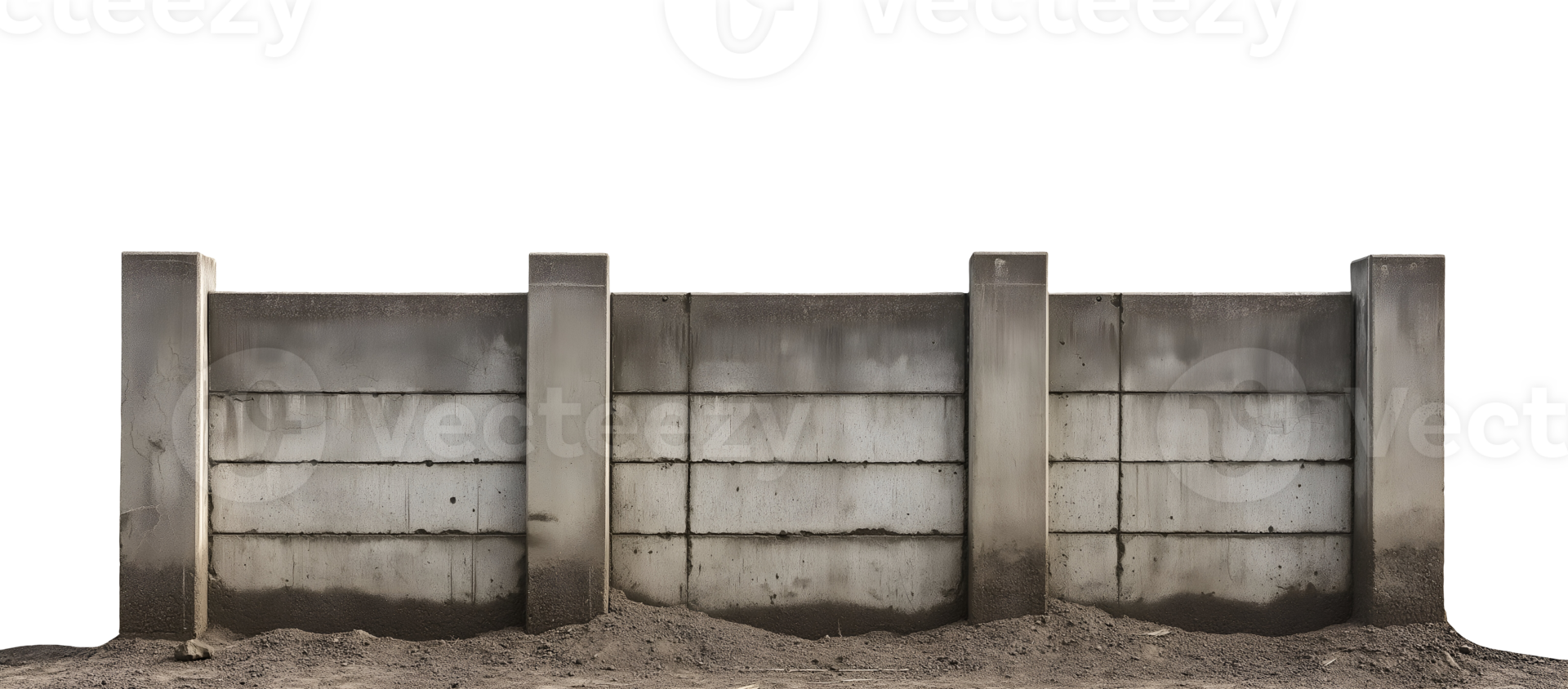 concrete block wall fence on isolated background standing on dirt ground with weathered texture and industrial design png